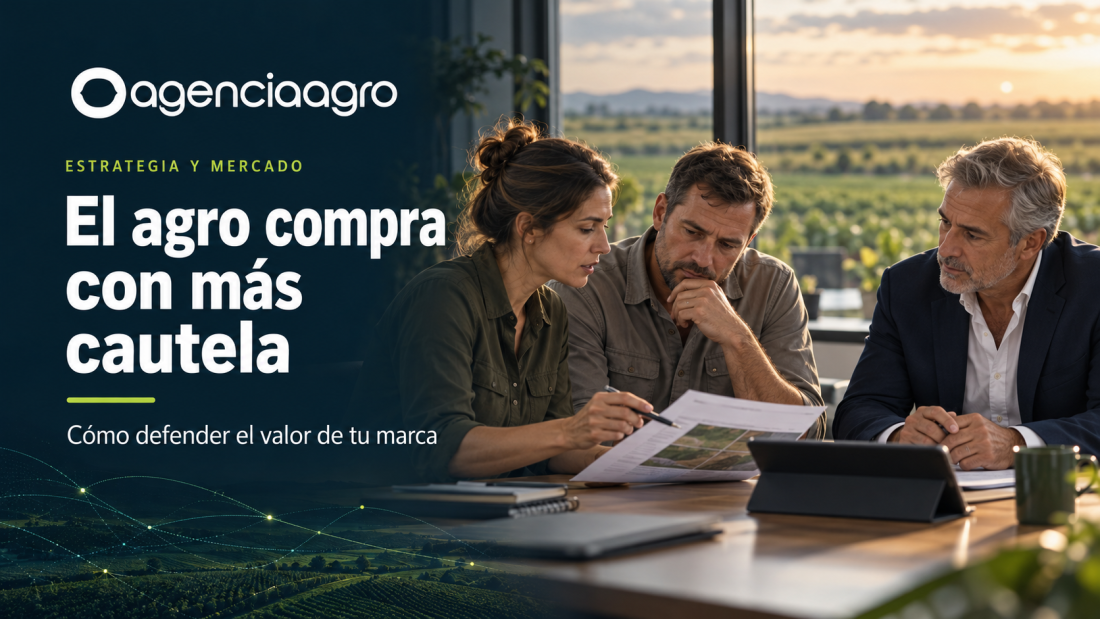 Directivo, productor y asesora agronómica revisan una propuesta en una oficina con vista al campo.